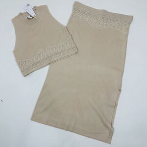 House Of Harlow 1960 2pc Set Crochet Knit Crop Top Skirt Beige Sz L NWT